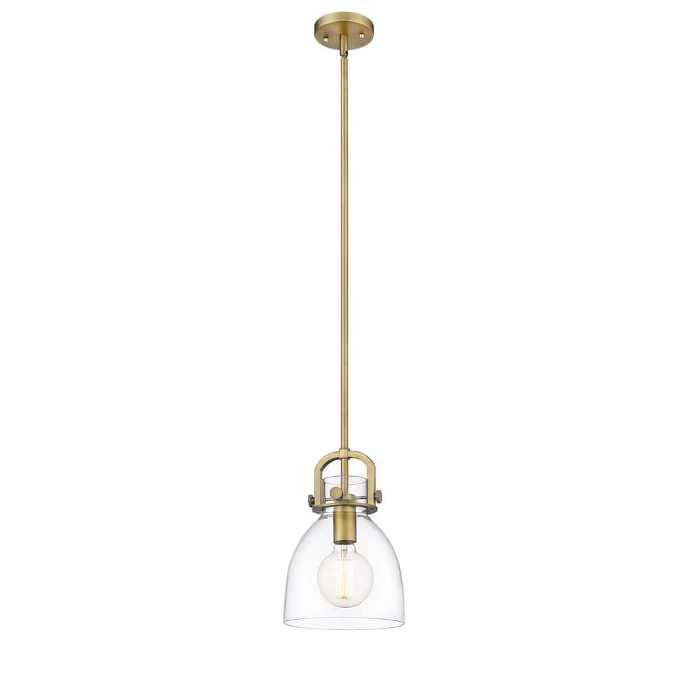 Newton Bell Brushed Brass 8" Mini Pendant with Clear Glass Shade