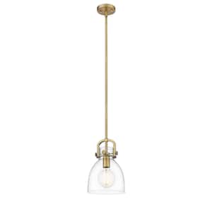 Newton Bell 1-Light Brushed Brass Clear Shaded Pendant Light with Clear Glass Shade