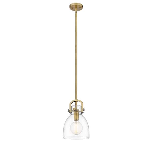 Innovations Newton Bell 1-Light Brushed Brass Clear Shaded Pendant Light with Clear Glass Shade