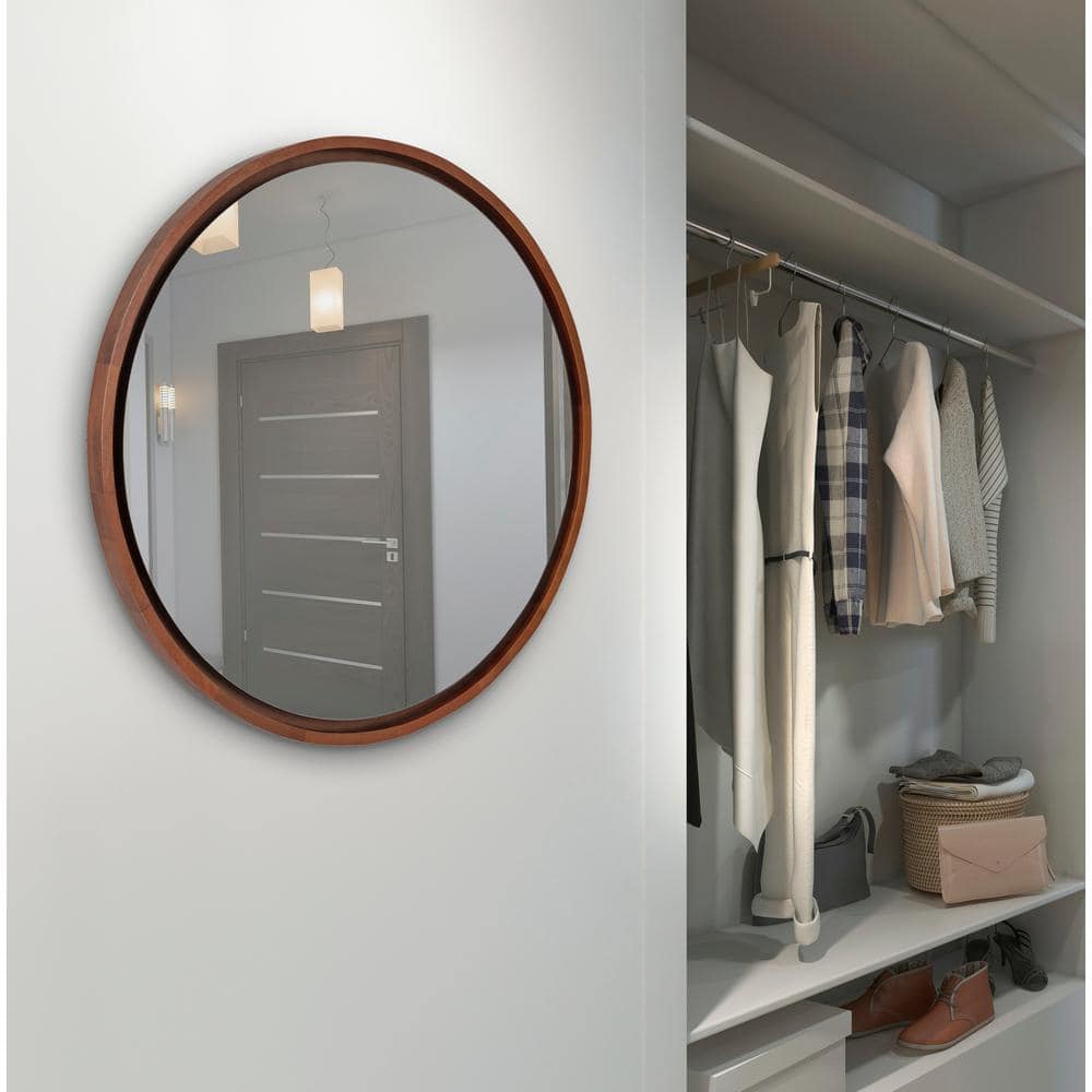 Mid-Century Boho-Chic Round Walnut Wood Wall Mirror, 30"