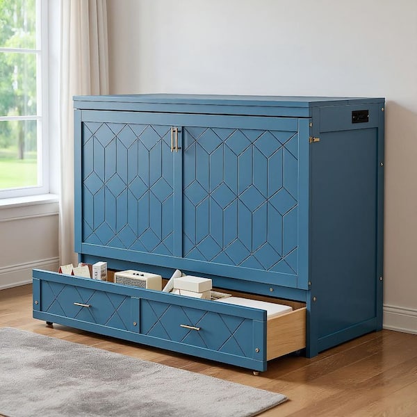 MiniEpic Navy Blue Wood Frame Queen Murphy Bed with Drawer