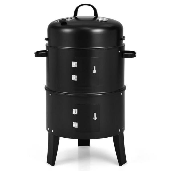 Portable 3-in-1 Charcoal Grill in Black with with Built-in Thermometer 400 sq in Cooking Area 2 Cooking Grates and Hooks