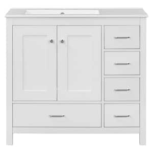 36 in. W x 17.90 in. D x 33.90 in. H Freestanding Bath Vanity in White Finish with White Ceramic Sink 2-Door & 5-Drawers