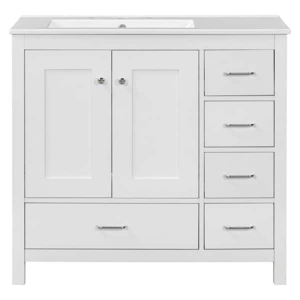 36 in. W x 17.90 in. D x 33.90 in. H Freestanding Bath Vanity in White Finish with White Ceramic Sink 2-Door & 5-Drawers
