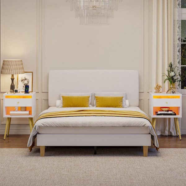 Glossy White 1-Drawer 23.6 in. Nightstands with LED Light (Set of 2)