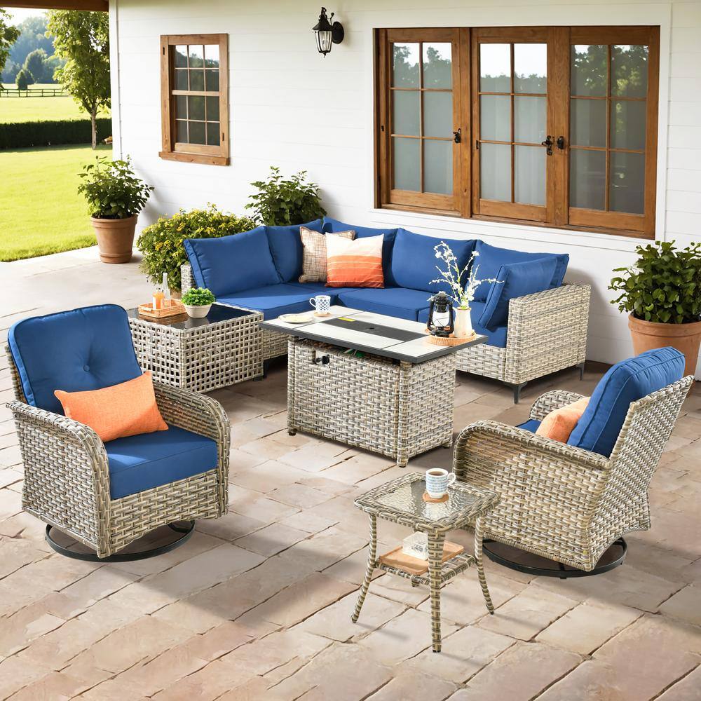 Savona 9-Piece Wicker Outdoor Patio Conversation Sectional Chair Set with Rectangular Fire Pit and Navy Blue Cushions price history on PriceWatchPro