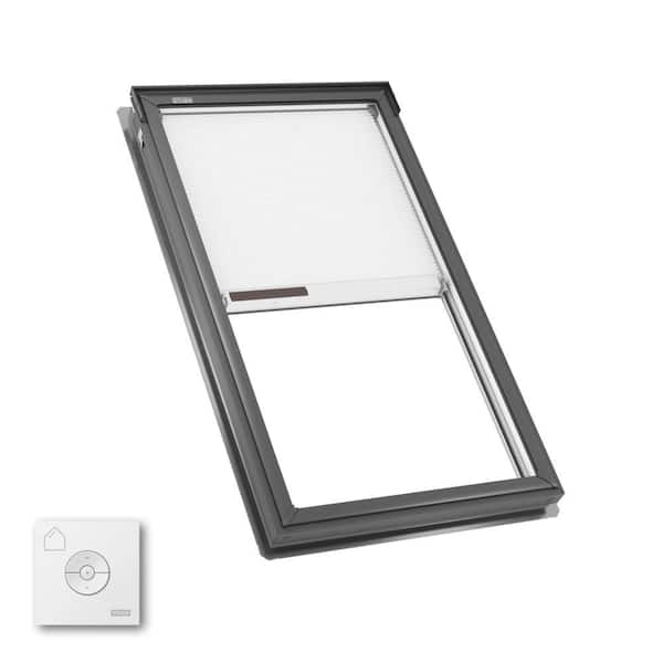 30-1/16 in. x 54-7/16 in. Fixed Deck Mount Skylight w/ Laminated Low-E3 Glass, White Solar Powered Room Darkening Shade