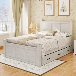 Light Ash White Wood Frame Queen Platform Bed with 3-Storage Drawers