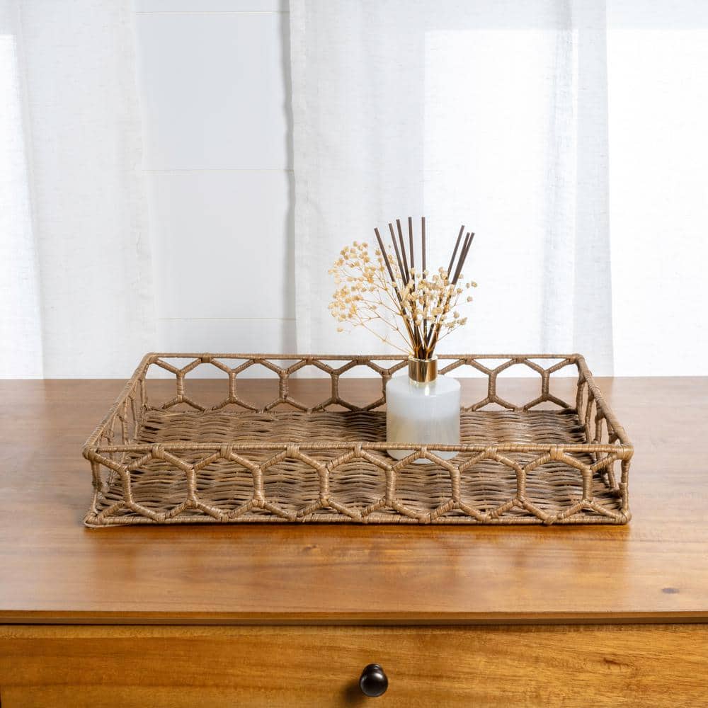 Natural Hand-Woven Rattan Rectangular Tray with Iron Frame