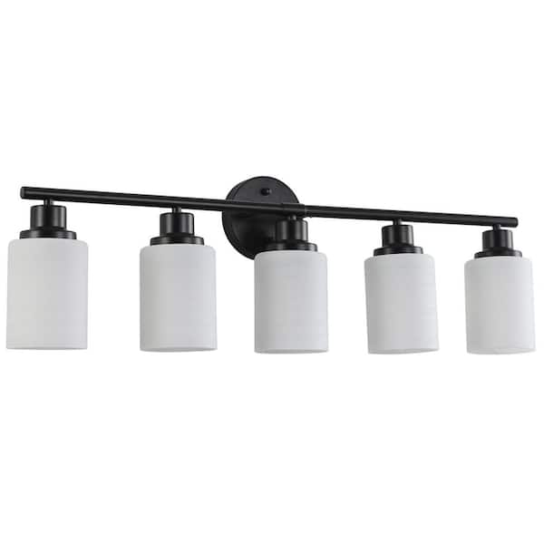 31.5 in. 5-Light Black Vanity Light with White Glass Shade