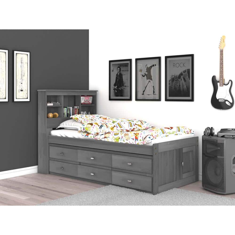 Charcoal Gray Twin Wood Captain's Bed with Storage and Bookcase