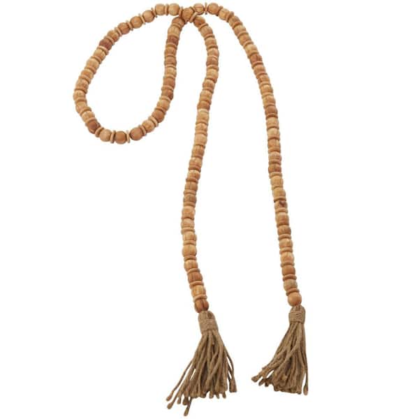 Litton Lane 80 in. Brown Handmade Mango Wood Round Long Carved Beaded Garland with Tassel