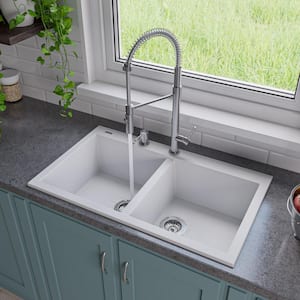 Drop-In Granite Composite 33.88 in. 1-Hole 50/50 Double Bowl Kitchen Sink in White