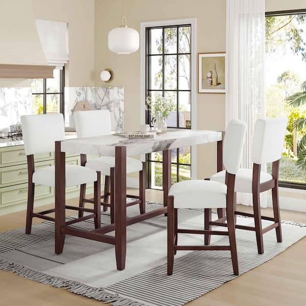5-Piece Rectangular Beige/White Wood Top Dining Table Set Seats 4 with Faux Marble Bar Table and 4 Upholstered Chairs