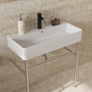 32 in. Ceramic White Console Sink Basin and Polished Nicke Legs Combo with Overflow