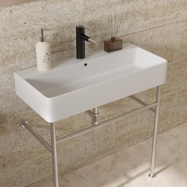 32 in. Ceramic White Console Sink Basin and Polished Nicke Legs Combo ...