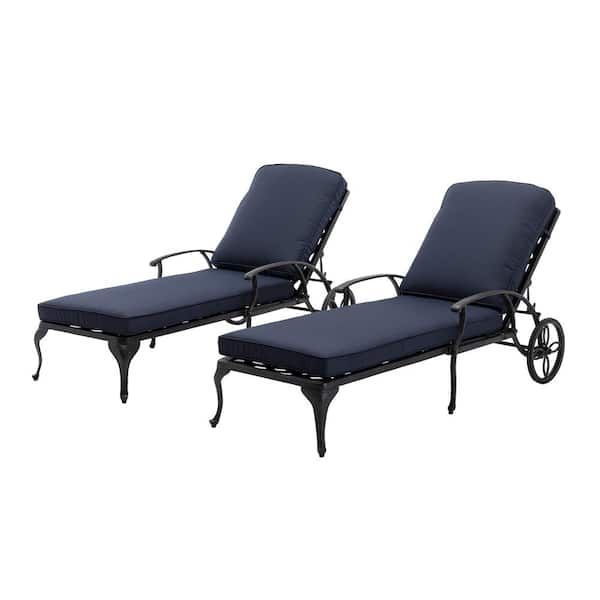 HOMEFUN Antique Bronze 2-Piece Aluminum Adjustable Reclining Outdoor Chaise Lounge with Blue Cushions