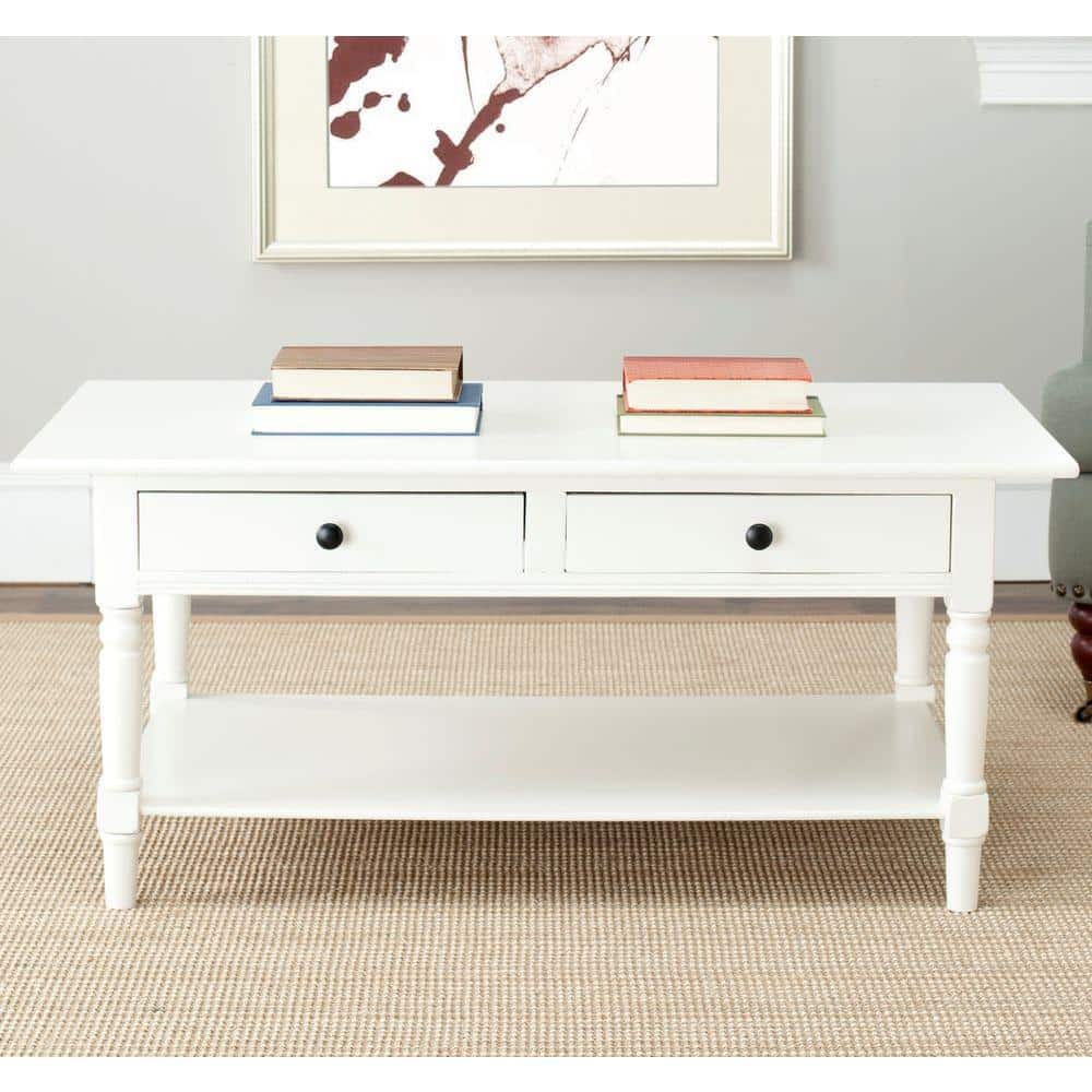 Transitional Rectangular Pine Coffee Table with Storage - Distressed Cream