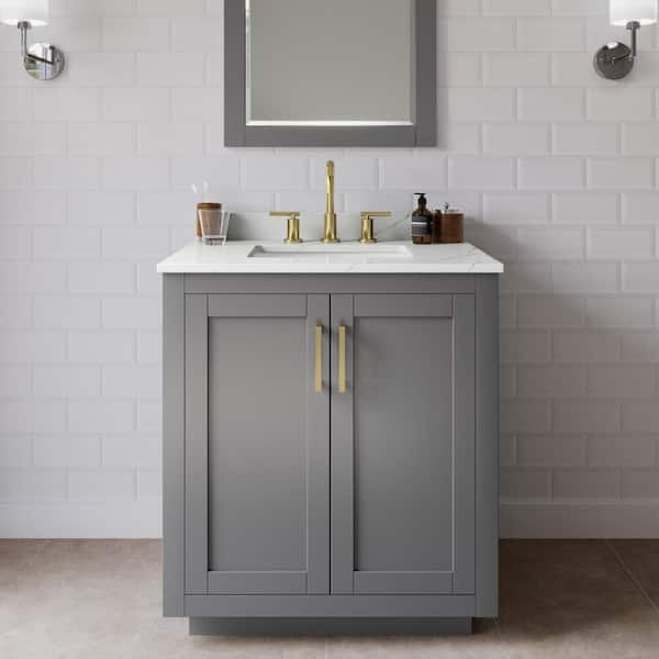 Wyndham Collection Miranda 30 in. W x 22 in. D x 33.75 in. H Single Bath Vanity in Dark Gray with Giotto Quartz Top and 24 in. Mirror
