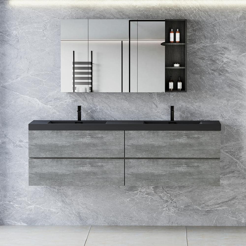 72 in. W Floating Bath Vanity in Grey with Two Black Quartz Sand Top Basins