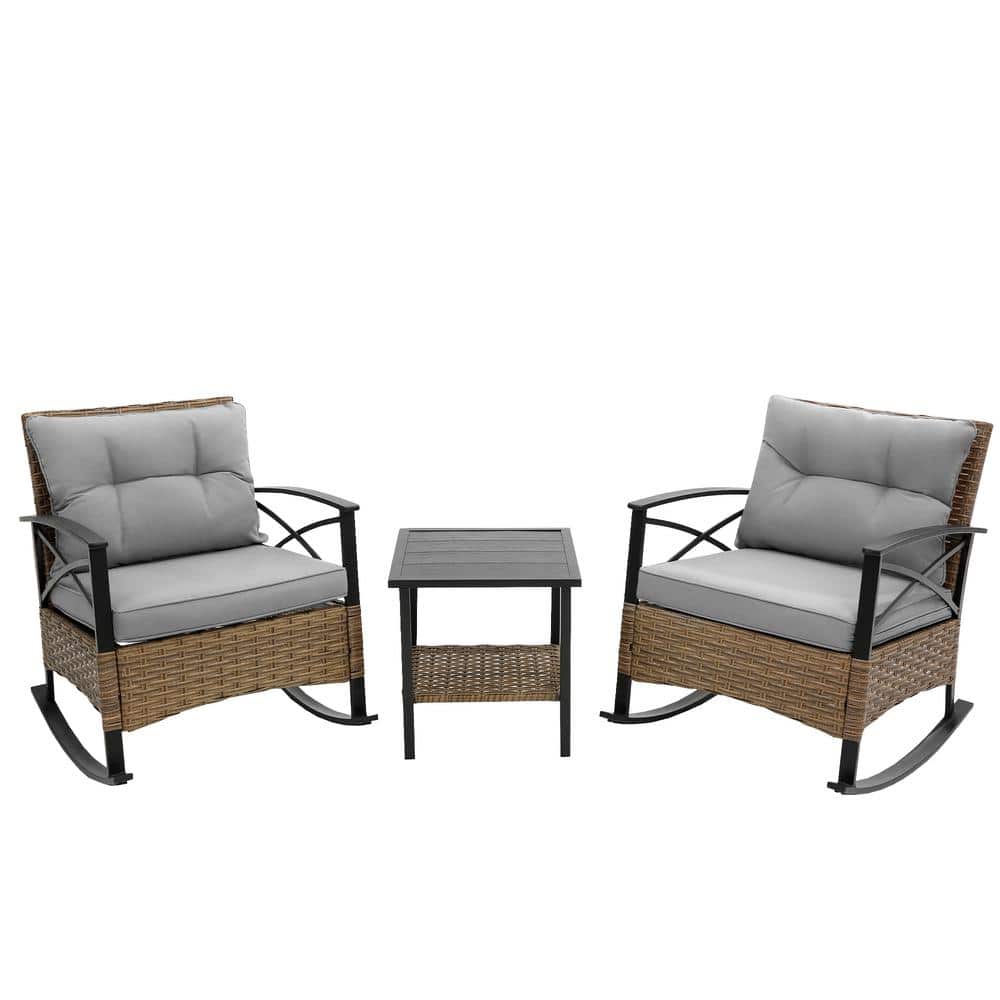 3-Pieces Metal Outdoor Rocking Chair Chaise Lounge Patio Conversation Set w