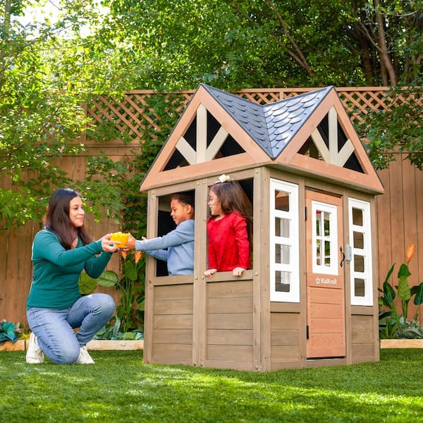 KidKraft DIY Greystone Outdoor Wooden Playhouse with Play Kitchen