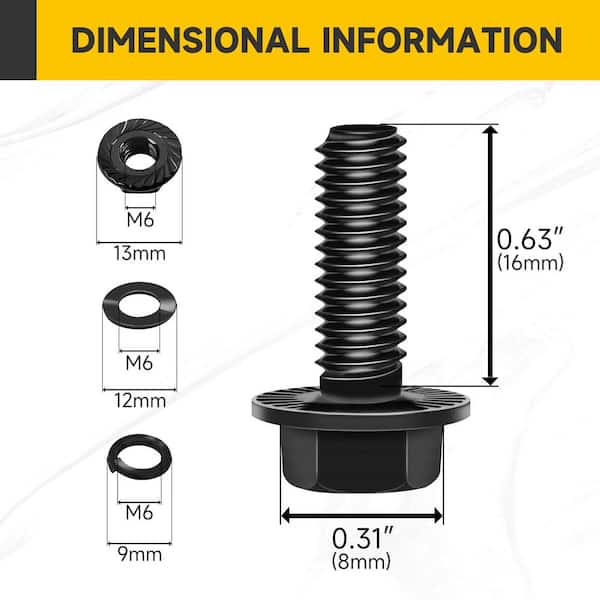 MYWISH M6 x 16 mm Black Oxide Hex Head Flange Bolt with Nuts and