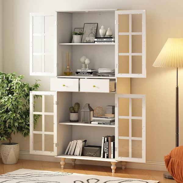 White Food Storage Kitchen Pantry with Glass Doors