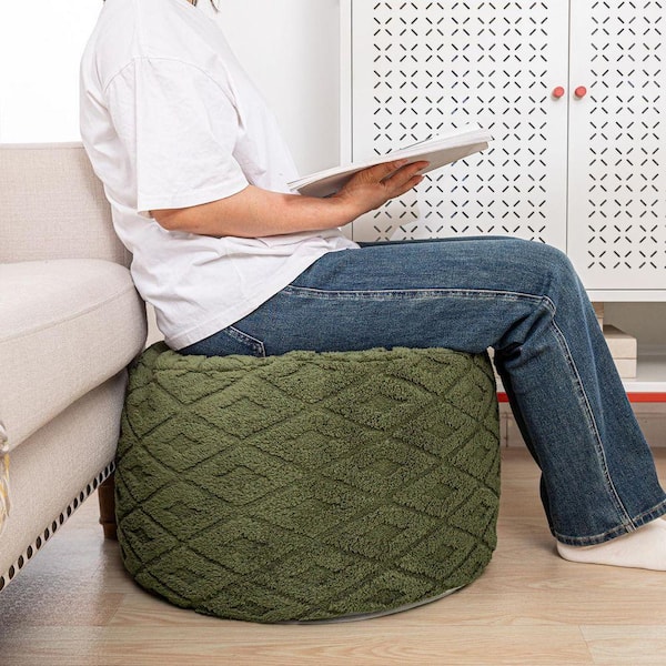 Green Furry Upholstered Round Ottoman Pouf Ultra-Plush Foam-Filled