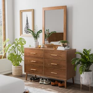 Riverstone Mid Century Modern Walnut/Mirror 6 Drawer 47 in. Wide Dresser with Mirror and Anti-Tip Interlock System