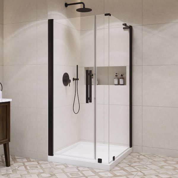OVE Decors Pasadena 36 in. L x 36 in. W x 72.01 in. H Corner Shower Kit with Pivot Frameless Shower Door in Black and Shower Pan