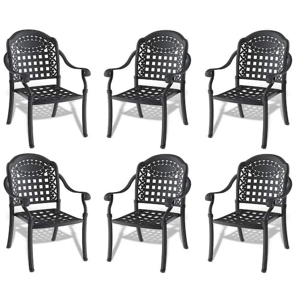Tatayosi Black Outdoor Lounge Chair Cast Aluminum Patio Dining Chair with Cushions in Random Colors (6-Pieces)
