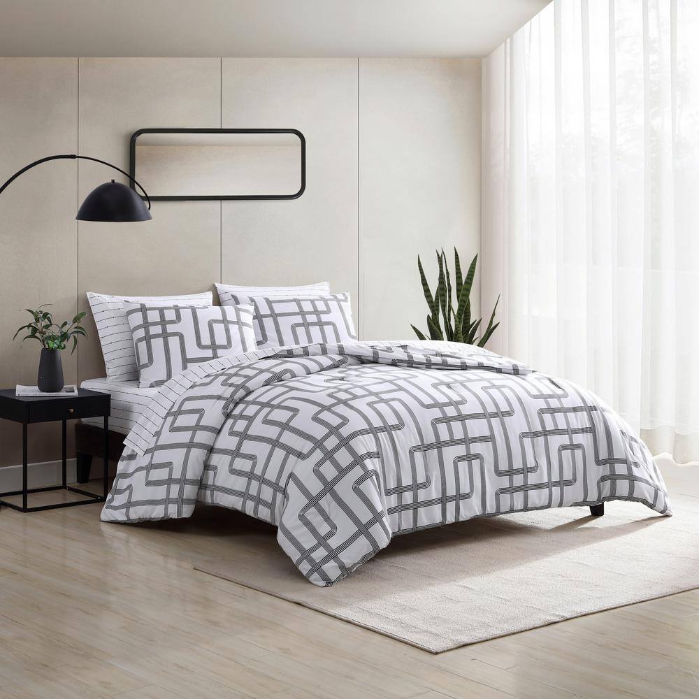 Twin White Microfiber Comforter and Sham Set with Geometric Pattern