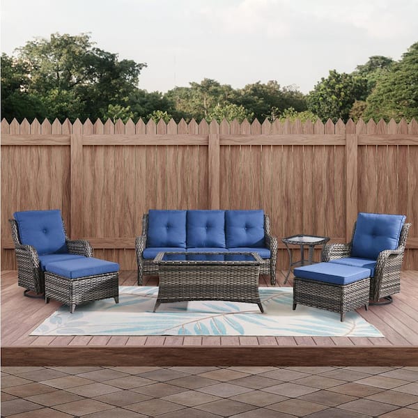 Gray 7-Piece Wicker Patio Conversation Set with Swivel Rockers, Outdoor Sofa Seating Set with Olefin Navy Blue Cushions