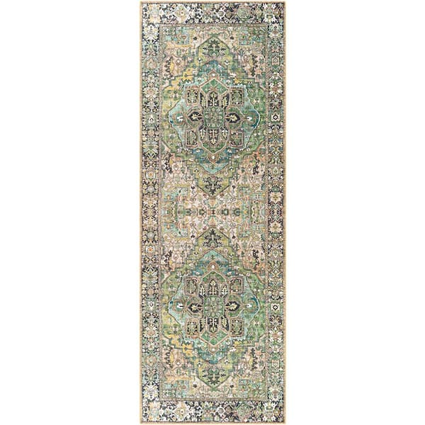 Rhene Dark Green 3 ft. x 8 ft. Distressed Indoor Polyester Area Rug Runner Rug