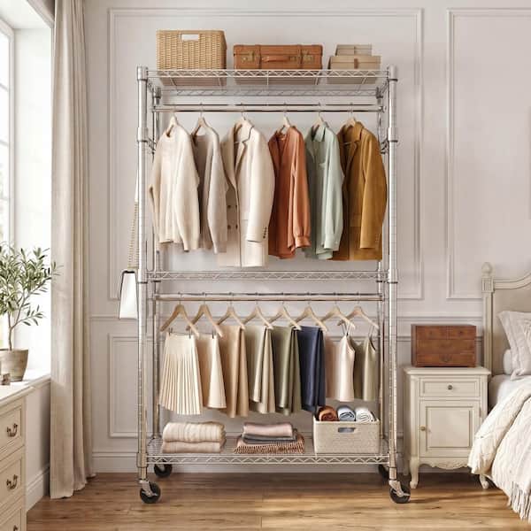 3-Tier Heavy Duty Rolling Garment Rack, Adjustable Wire Clothing Rack with 2 Hanging Rods, Side Hooks and Wheels, Chrome