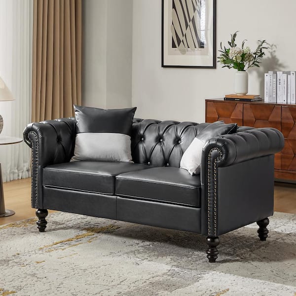JAYDEN CREATION Felisa 62.2 in. W Rolled Arms Button-Tufted Leather Rectangle Sofa with and Gourd-Shaped Solid Wood Legs in Black