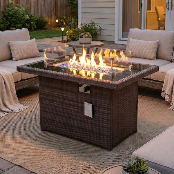 43 in. Rectangular Wicker Patio Gas Fire Pit Table with Glass Top, 60,000 BTU, Propane Ready, NG Convertible, Brown