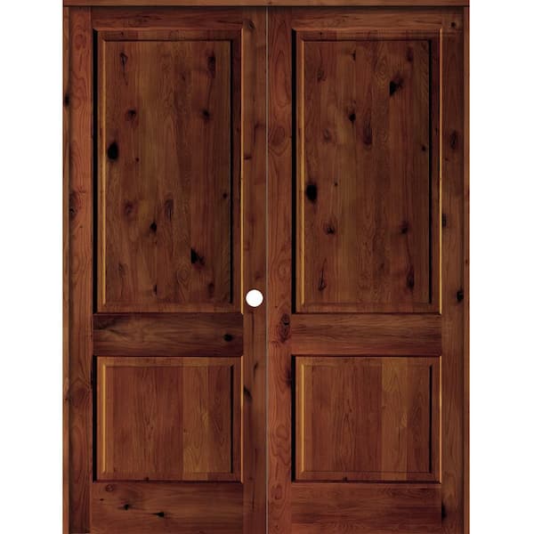 Krosswood Doors 72 in. x 96 in. Rustic Knotty Alder 2-Panel Square Top Left-Handed Red Chestnut Stain Wood Double Prehung Interior Door