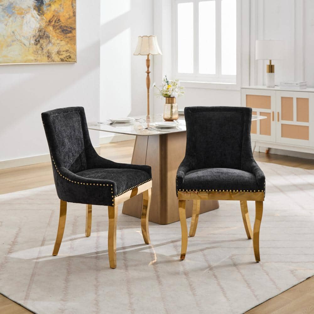 Black Chenille Dining Chairs – Set of 2, Gold-Plated Curved Legs with Rivet Trim & Textured Upholstery price history on PriceWatchPro