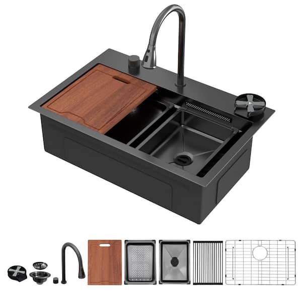 31 in. Drop-In Single Bowl 16-Gauge Gunmetal Black Stainless Steel Waterfall Workstation Kitchen Sink with Faucet