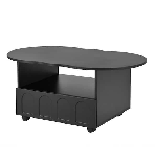 39 in. Flexible Black Particle Board Coffee Table, Irregular C Shaped End Table with Large Storage with 2-Brake Wheels