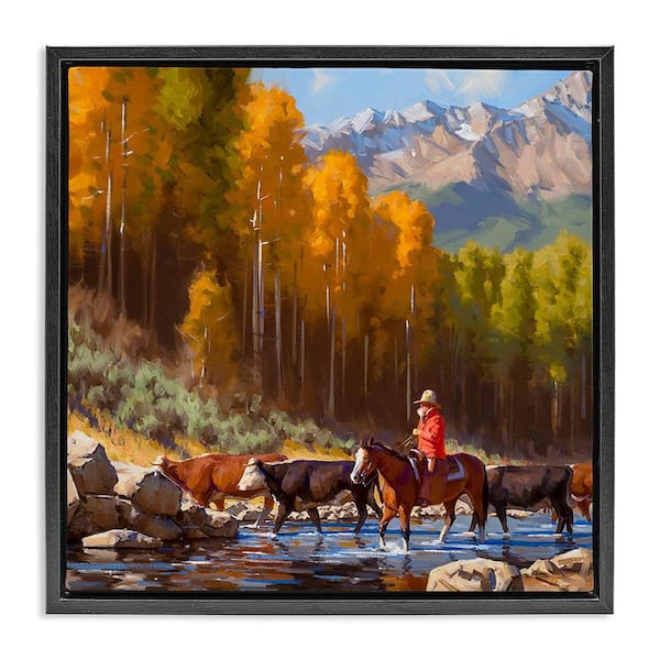 Stupell Industries Herding Cattle Through Stream by Jimmy Dyer 1 Piece Floater Frame Graphic Print Nature Poster Art Print 18 in. x 18 in.
