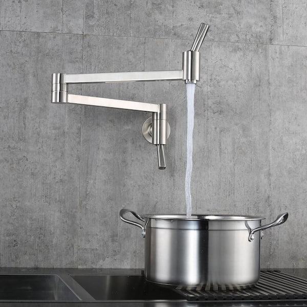 Brass Wall Mount Pot Filler with Double Vertical Handle, 2-Aerators and Swing Arms Kitchen Faucet in Brushed Nickel