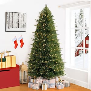 7.5 ft Green Artificial Christmas Tree with Lights Prelit Christmas Tree with Tips and Multi-Color LED Lights