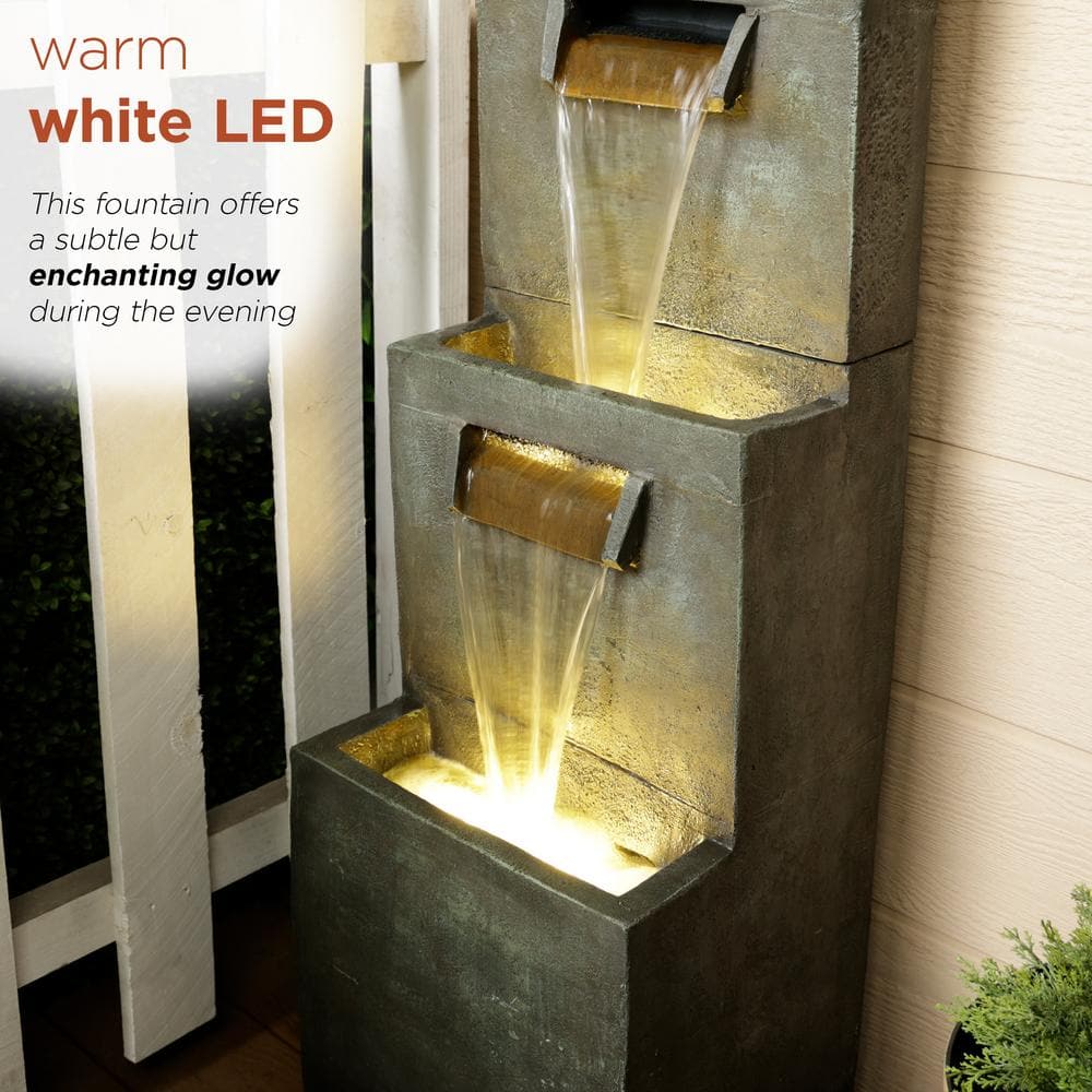 40" Gray Polyresin 2-Tier Modern Fountain with LED Lights