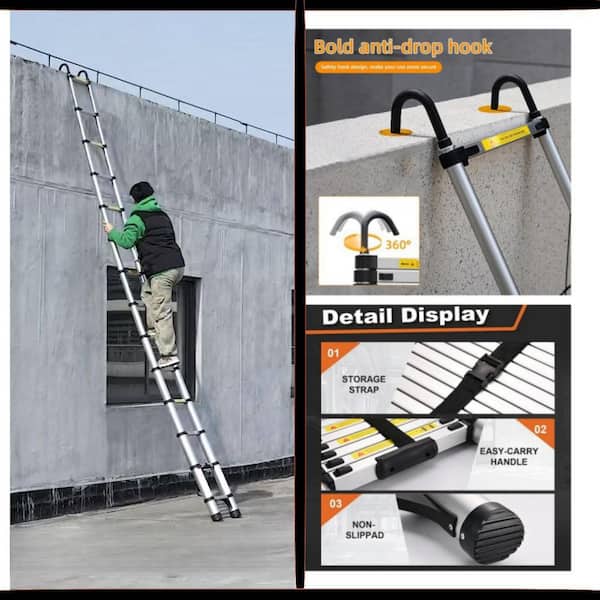 13.5 ft. Aluminum Extension Ladder with 360° Rotatable Stabilizer Bar and Non-slip Feet for RV or Outdoor Work, 300 lbs.
