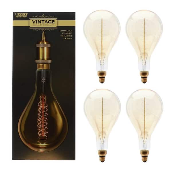 4-Light Brass Hardwire Pendant Fixture W/ PS52 Dimmable Oversized Amber Glass E26 Vintage Edison Incandescent Light Bulb