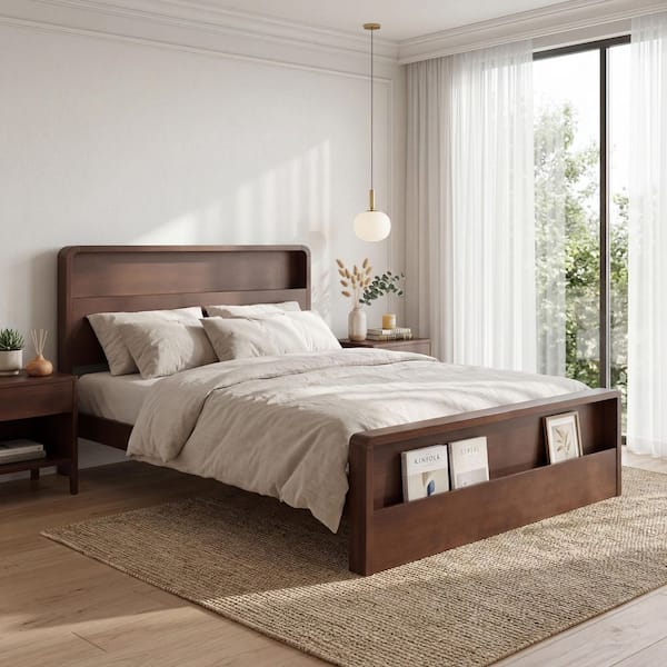 Talorine Modern Walnut Brown Solid Wood Frame Queen Size Platform Bed with Dual Open Storage Headboard and Footboard