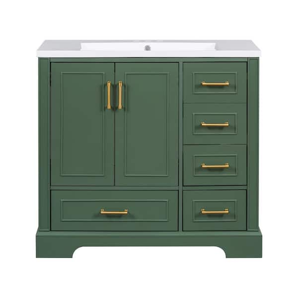 36 in. W x 18 in. D x 34 in. H Freestanding Single Sink Bath Vanity in Green with Resin Top in White